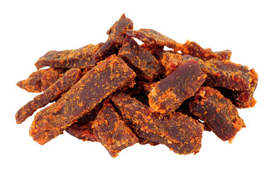 Group of jerky smoked chipotle steak strips marinated rump steak isolated on a white background