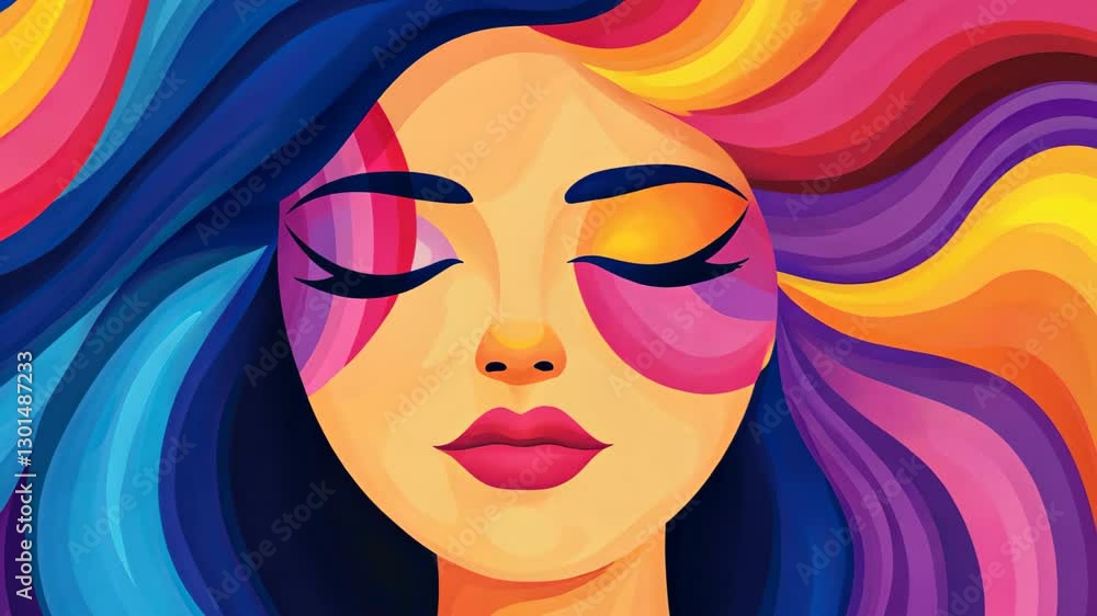 Poster psychedelic art with colorful dreamy expression of abstract face featuring flowing rainbow waves and