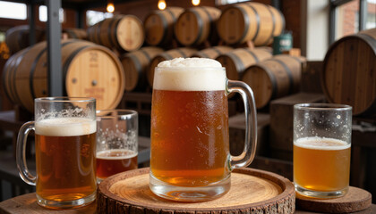 Beer glasses on wooden table in cozy brewery setting