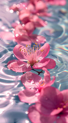 Pink cherry blossoms floating on shimmering water create a serene and tranquil atmosphere reflecting natural beauty.