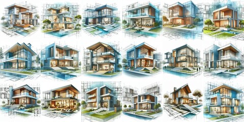 Modern building watercolor blueprint. Set of illustrations. AI generated illustration