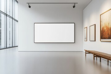 Modern gallery interior featuring a blank banner display. AI generated illustration.