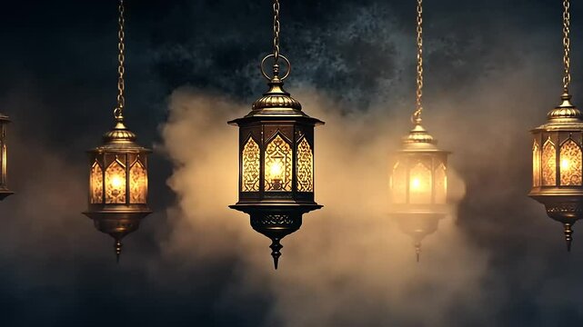 Five ornate lanterns glow softly in a misty, dark atmosphere, creating a mystical ambiance.