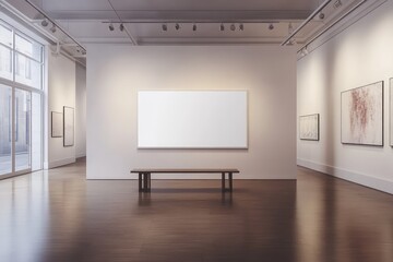 Modern gallery interior featuring a blank banner display. AI generated illustration.