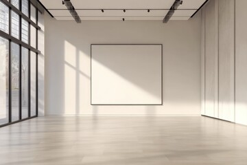 Modern gallery interior featuring a blank banner display. AI generated illustration.
