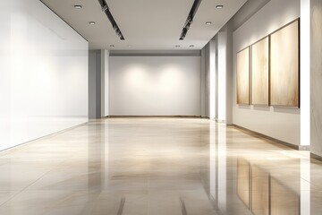 Fototapeta premium Modern gallery showroom with an abstract empty wall. AI generated illustration.