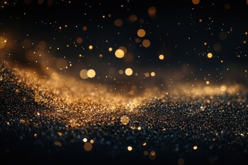 Golden glitter waving on black background. Studio shot using high speed technique, selective focus