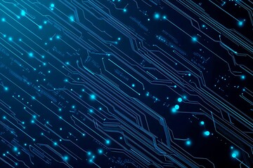 Abstract close-up of a glowing blue digital circuit board, showcasing intricate connections and technological design on a black background.
