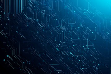 Abstract close-up of a glowing blue digital circuit board, showcasing intricate connections and technological design on a black background.

