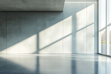 Modern gallery showroom with an abstract empty wall. AI generated illustration.