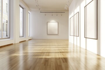 Fototapeta premium Modern gallery interior with empty copyspace for display. AI generated illustration.