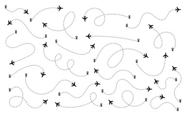 Airplane routes in dashed line trace set. Plane route lines tracking, location pins, planes, travel, map pins on white background.
