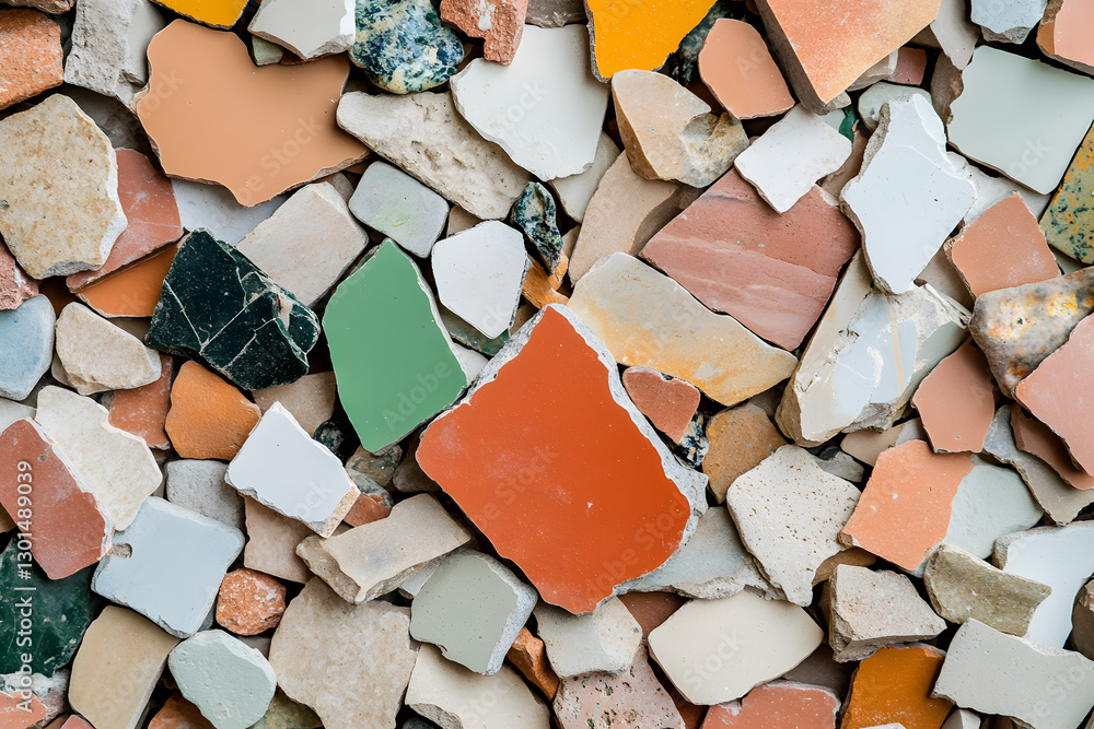 Poster colorful tile shards: a vibrant collage of broken tiles in various hues and textures, creating a uni