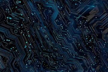 Fototapeta premium Abstract close-up of a glowing blue digital circuit board, showcasing intricate connections and technological design on a black background. 
