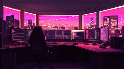 Futuristic office overlooking city skyline at night