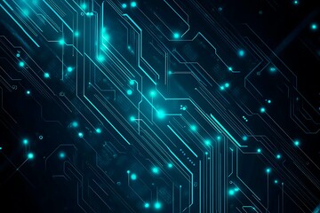Abstract close-up of a glowing blue digital circuit board, showcasing intricate connections and technological design on a black background.

