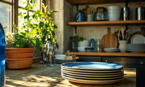 Sunlit Kitchen Still Life: Water Bottle and Plates