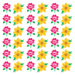 Pink & Yellow Flower Pattern Vector, Botanical Design with Natural Elements, Isolated on White Background for Decorative Use