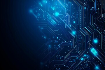 Naklejka premium Abstract close-up of a glowing blue digital circuit board, showcasing intricate connections and technological design on a black background. 