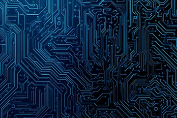 Abstract close-up of a glowing blue digital circuit board, showcasing intricate connections and technological design on a black background.
