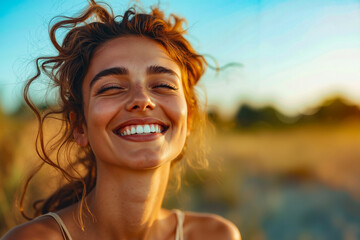 A woman with her eyes closed and smiling at the camera
