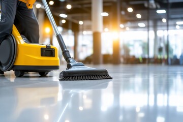 Worker cleaning floor with industrial vacuum cleaner.