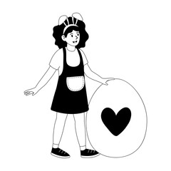 Girl wearing bunny ears standing next to large heart-shaped egg in playful setting