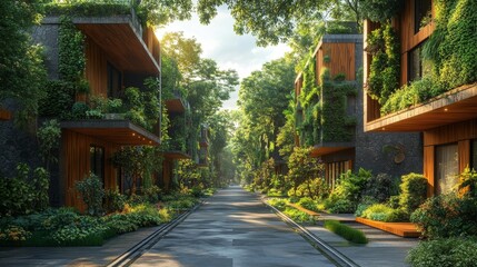 Urban street lined with trees and buildings featuring green facades for a greener future. Generative AI