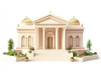 A three-dimensional icon of a classical architectural building with simple and smooth lines on white background