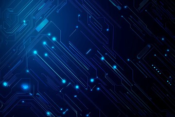 Abstract close-up of a glowing blue digital circuit board, showcasing intricate connections and technological design on a black background.
