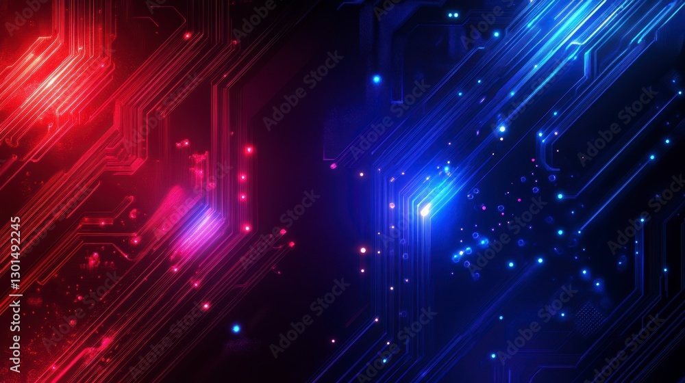 Poster abstract circuit board glowing red and blue. possible use for technology background