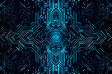 Abstract close-up of a glowing blue digital circuit board, showcasing intricate connections and technological design on a black background.

