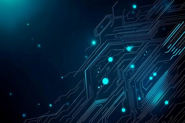 Obraz premium Abstract close-up of a glowing blue digital circuit board, showcasing intricate connections and technological design on a black background. 