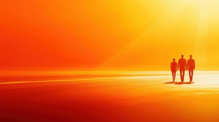Silhouette figures walking on hot desert at sunrise. Stock photo of hope and togetherness