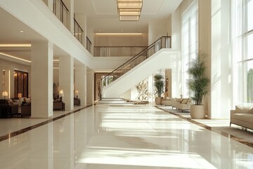 Fototapeta premium Modern interior concept featuring a white hall with minimalist design. AI generated illustration.
