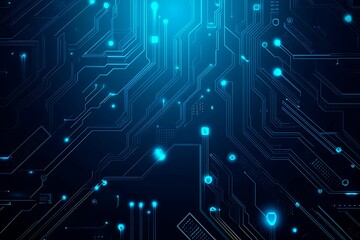 Fototapeta premium Abstract close-up of a glowing blue digital circuit board, showcasing intricate connections and technological design on a black background. 