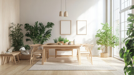 Scandinavian interior with wooden furniture, pastel tones, and indoor plants