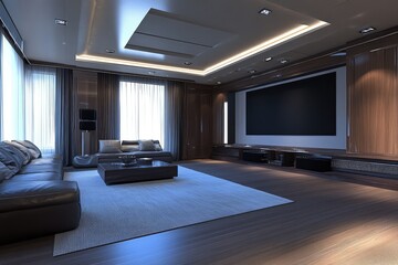 Modern interior of a sleek presentation room with minimalist design. AI generated illustration.