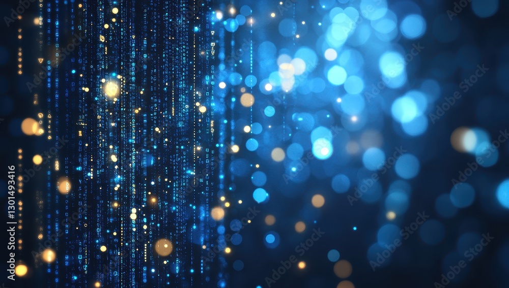 Poster abstract blue digital background with matrix effect and glowing particles for technology and data th