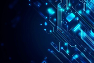Abstract close-up of a glowing blue digital circuit board, showcasing intricate connections and technological design on a black background.
