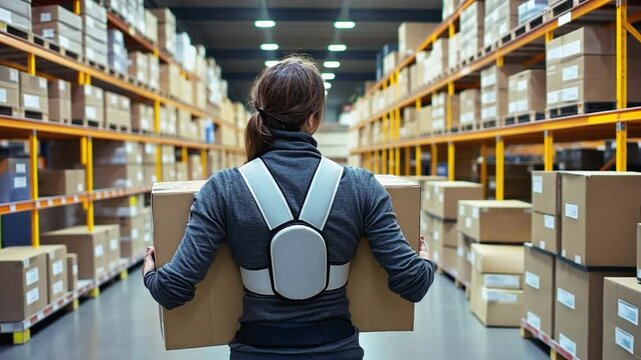 Warehouse worker carrying box using exoskeleton support belt