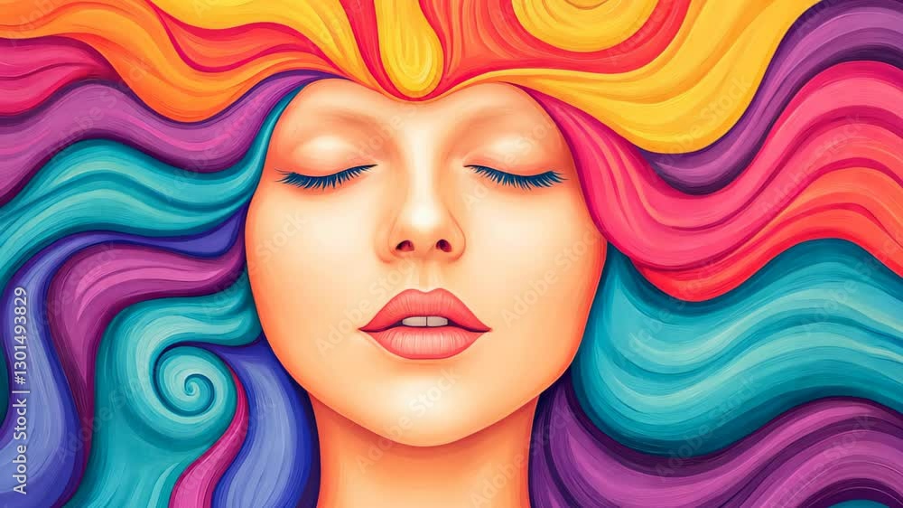 Aufkleber psychedelic dreamscape portrait with vivid colors and flowing hair patterns capturing serenity and c