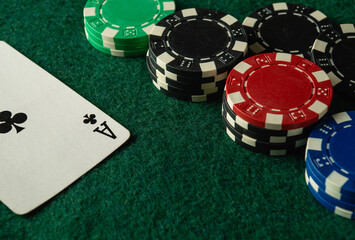 A game night unfolds with players placing colored poker chips next to an ace of clubs. Tension rises as bets increase and strategies evolve throughout the evening