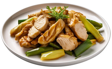 Tasty fried meat of tender chicken slices and spring bamboo shoots, white plate, transparent background.