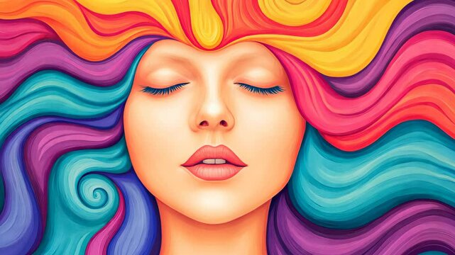 Psychedelic Dreamscape Portrait with Vivid Colors and Flowing Hair Patterns Capturing Serenity and Creativity in Imaginative Art Inspired by 1960s Psychedelic Style
