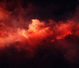Obraz premium Abstract cosmic background with vibrant red hues swirling through deep black space, featuring glowing particles and ethereal cloud formations in the universe