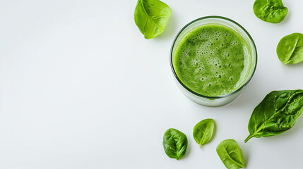 Obraz premium Un batido de jugo de col rizada verde acompañado de hojas frescas de col rizada en un plato blanco, capturado desde una vista superior sobre fondo blanco.