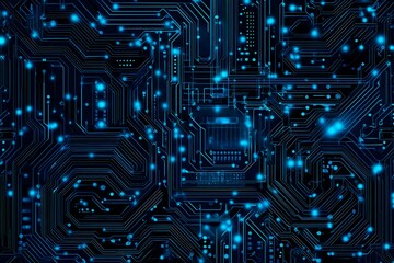 Abstract close-up of a glowing blue digital circuit board, showcasing intricate connections and technological design on a black background.
