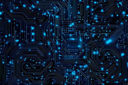 Abstract close-up of a glowing blue digital circuit board, showcasing intricate connections and technological design on a black background.
