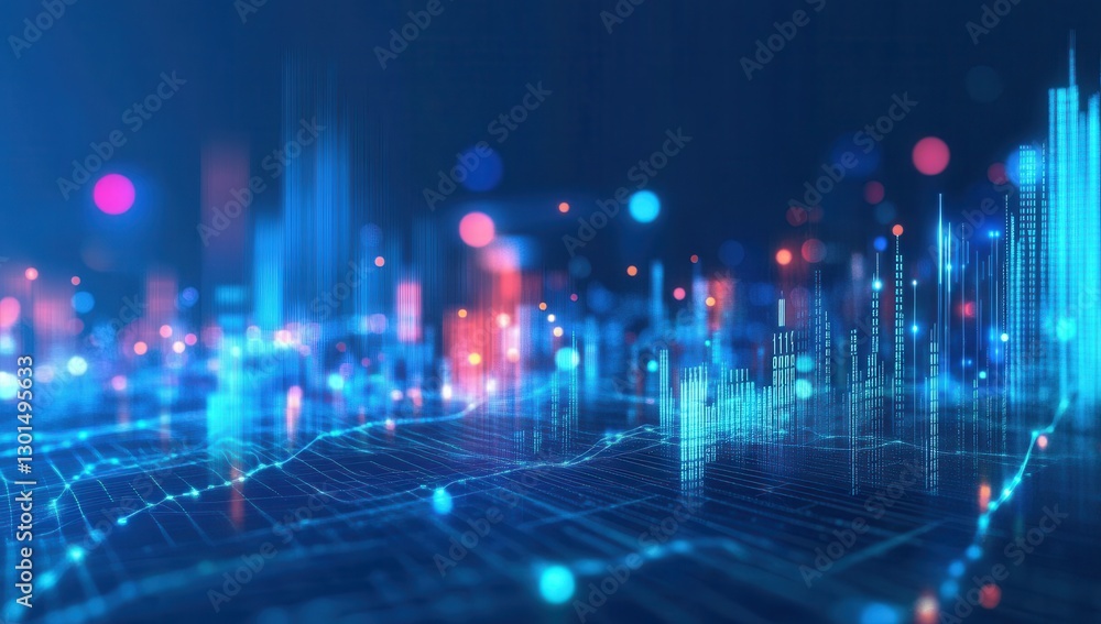 Poster abstract digital background with glowing lines, data visualization, graphs, and colorful particles c